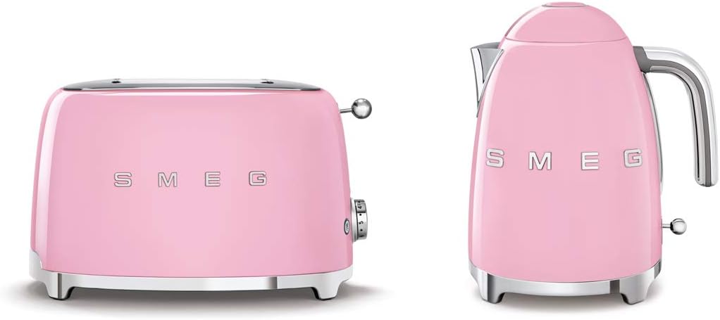 50’s Style Retro Range Breakfast Set, 0.8L 1400W Mini Kettle and Multi-Functional Control 2-Slice 950W Toaster, Pink, EEJB114