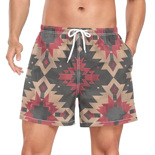 Mens Swim Trunks with Liner, Red Tribe Pattern Abstract Cool Quick Dry Beach Swim Shorts, Swimwear Bathing Suits S