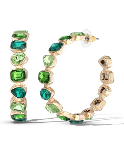 Jessica Simpson Colorful Green Hoop Earrings for Women – Gold-Tone Chunky Hoops with Mixed Gem Cut Crystals – Bold Fashion Jewelry