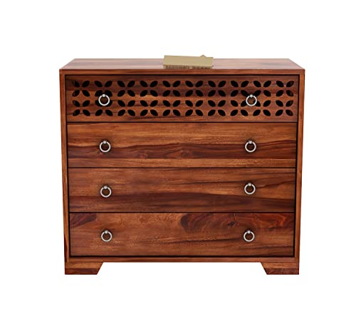 Image of SHIKHA WOOD CRAFT Solid Sheesham Wood Sideboard Cabinet with 4 Drawers | Multipurpose Handcrafted Wooden Chest of Drawers for Kitchen, Crockery, Living Room, Bedroom and Home Furniture (Honey Finish)