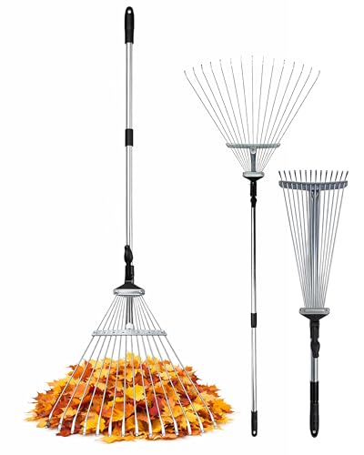 Keplin Garden Rake with Telescopic Handle 80 to160cm Adjustable Rake 15 Tine Expanding Metal Rake for Leaves Lawn Yard & Soil Cleanup Foldable Space-Saving Design Versatile Garden Tool