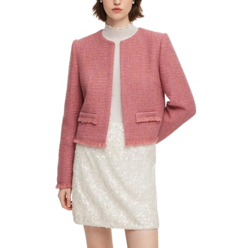 GOELIA Pink Tweed Blazer Jacket for Women Frayed Hem Lightweight