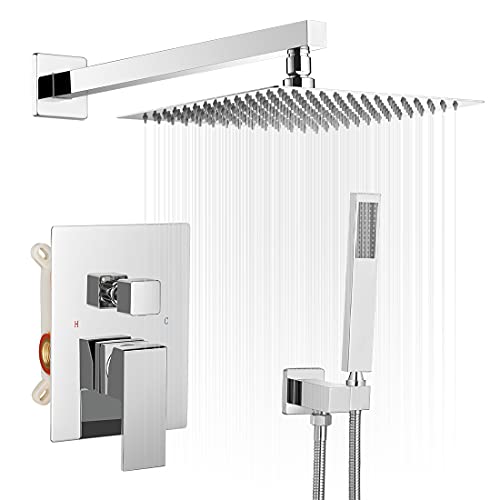 10 Inches Bathroom Luxury Rain Mixer Shower Combo Set Wall Mounted Rainfall Shower Head System Polished Chrome Shower Faucet Rough-in Valve Body and Trim Included