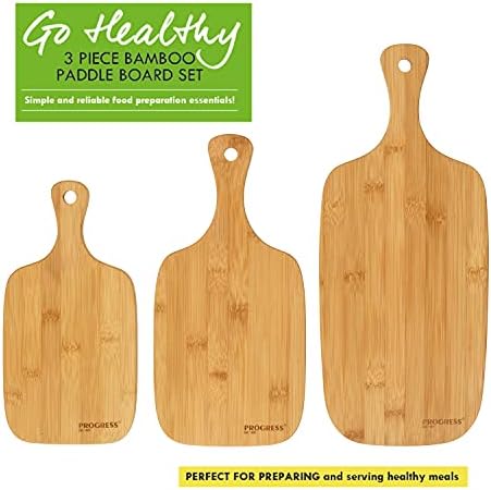 Progress BW09864EU Go Healthy 3 Piece Reversible Paddle Bamboo Chopping, Food Preparation & Charcuterie Platter Cheese Board Set, Strong/Durable, Protect Kitchen Worktops, 30/35/45cm, Hanging Holes