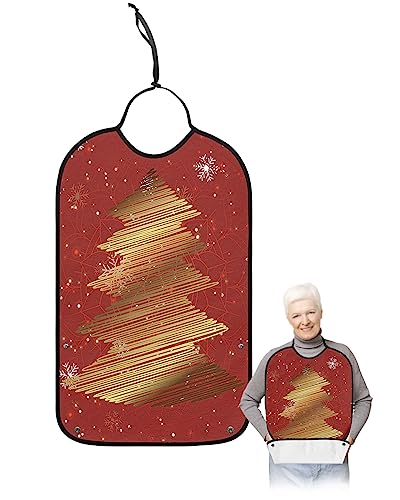 LEOKOTI Christmas Tree Adult Bibs for Eating, Waterproof Bibs with Food Catcher & Adjustable Snap Closure, Snowflake Golden Xmas Tree Red Washable Clothing Protectors Adult Bibs for Elderly Women/Men