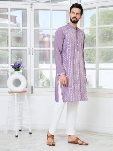 Image of See Designs Men's Full Sleeve Mandarin Collar Embossed Printed Cotton Chanderi Straight Long Kurta with Pyjama - Festive Collection