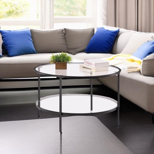 Image of VINGLI Glass Coffee Table,30 inch Round Coffee Table Black Coffee Tables for Living Room, 2-Tier Clear Glass Top Side Table with Storage. Simple & Modern Center Table Mesa de Centro para Sala