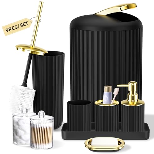 XLHOMO 9PCS Black and Gold Bathroom Accessories Set Complete with Trash Can Vanity Tray Soap Dispenser Soap Dish Toothbrush Holder Toothbrush Cup Toilet Brush and Qtip Holders