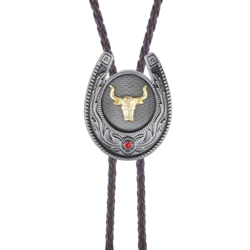 Image of Jeilwiy Bolo Tie for Men, Western Cowboy Golden Longhorn Bull Eagle Horse Cowboy Hat Bolo Necklace Leather Necktie for Women