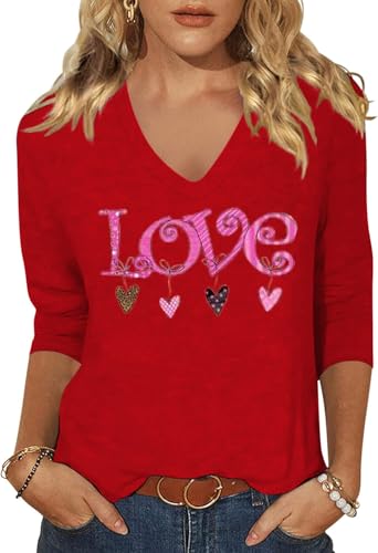 Image of Womens 3 /4 Sleeve V Neck Valentine T Shirts Love Heart Printed Graphic Tee Tops