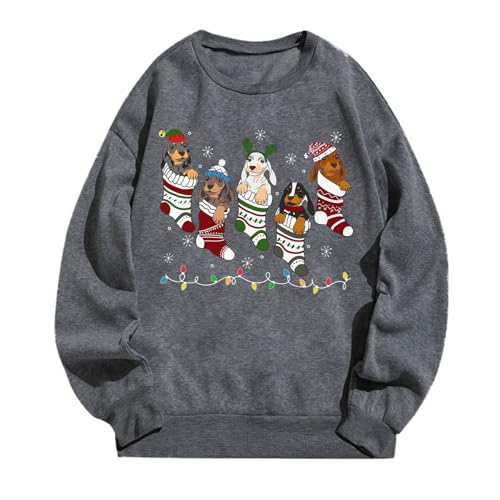 Weihnachts Langarmshirt Damen Sport Weihnachtspullover mit Hunde Drucken Weihnachtspulli Ugly Christmas Sweater Oversize Sweatshirt Lustige Rundhals Langarmshirts für Damen