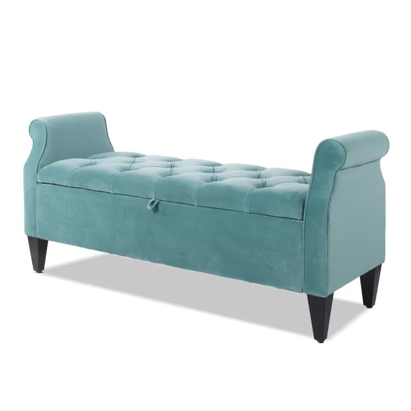 Image of Velvet Storage Ottoman Bench with Rolled Arms | Tufted Upholstered Sofa Bench with Hidden Storage | End of Bed Bench for Bedroom Living Room Entryway Seating | Modern Lounge Footrest Seat|Teal Green