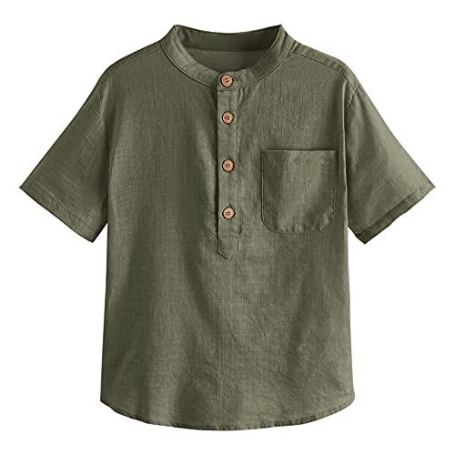 Image of Inorin Boys Button Up Henley Shirts Short Sleeve Summer Cotton Dress Shirt | Kids Casual Tees Tops, Chest Pocket, Solid Color Basic T-shirts, 5-14 Years