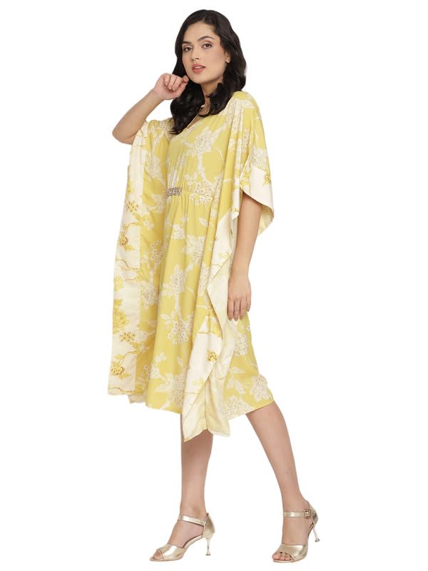 Image of Ahalyaa Women Lime Green & Off White Floral Printed Flared Sleeves Floral Kaftan Kurta