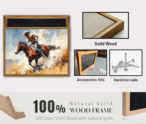 Image of Western Cowboy Wall Art for Living Room Cowboy Riding Horse Canvas Prints Vintage Western Rodeo Wall Decor Horse Rider Picture Rustic Farmhouse Framed Artwork for Bedroom Office Home Decoration 12x16