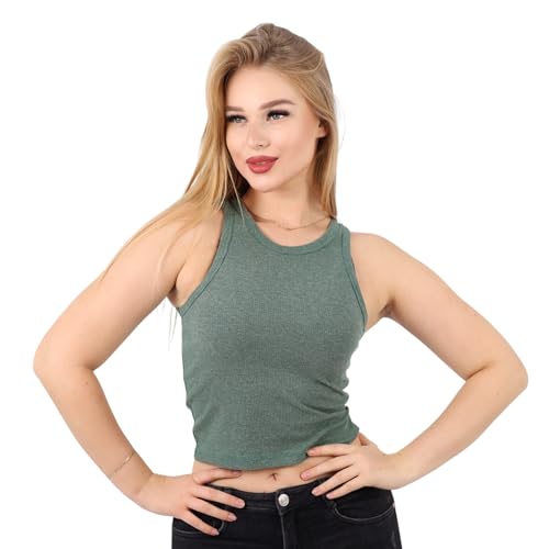 ZECOTEX Womens Ribbed Cotton Crop Top | Trendy Comfortable & Stylish | Perfect Casual Wear | Size M (UAE/KSA Alpha M Regular Regular Olive Green)