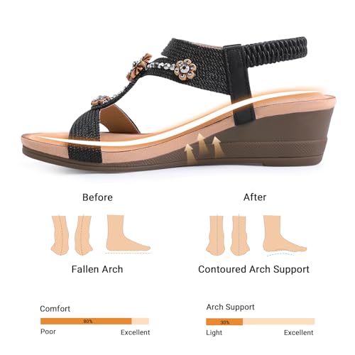 Image of Wedge Sandals for Women Dressy, Woman's Sandal Comfortable Low Wedges Heels Ankle Elastic Strap Sandles with Flower Rhinestones
