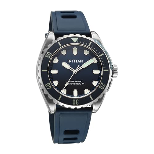 Image of Titan Zero Hour Diver's Certified 500m Automatic Analog with Blue Dial Silver Titanium & Blue FKM Strap Watch for Men - 10071KM01