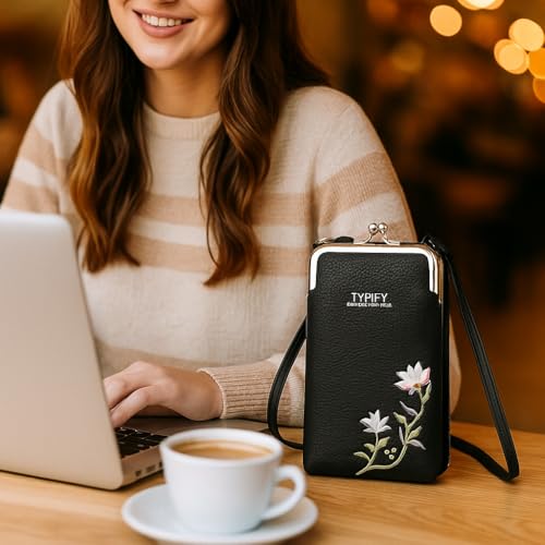 Image of TYPIFYWomen's Mobile Sling Bag with Wallet | PU Leather Crossbody Pouch with Floral Embroidery | Lightweight Shoulder Purse for Girls & Ladies | Gift for Her