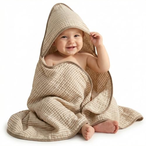 Image of Ultra-Soft Muslin Baby Towel - 32 x 32 Inches, Ideal for Bath & Beach, Suitable for Both Boys & Girls from Newborns to Toddlers(Warm Brown Striped)