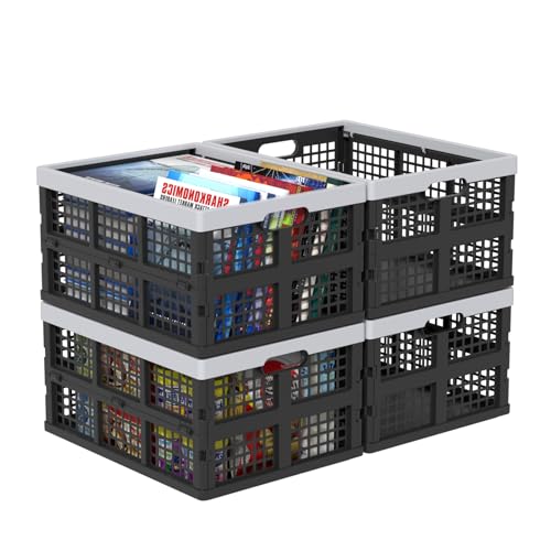 Ysmiltion 35 L Plastic Folding Crates, Collapsible Storage Crate Baskets, Black, 4 Packs