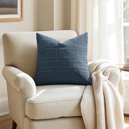 Image of MIULEE Decorative Linen Check Euro Shams Throw Pillow Covers Neutral Farmhouse Vintage Pillow Covers 22x22 Set of 2 Boho Modern Home Decor for Sofa Couch Bedroom Cushion Deep Blue