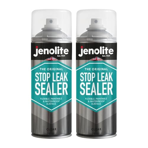 JENOLITE Stop Leak Sigillante Spray | TRANSPARENTE | 2x400ml | Sigilla Grondaie, Ripara Perdite sul Tetto | Impermeabilizzante Spray Sigillante | Sigillante impermeabile di lunga durata