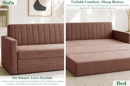 Image of Modern Three Seater Sofa Cum Bed with Armrest, Velvet Fabric Sofa for Living Room, Space Saving Foldable Sleeper Sofa - Brown