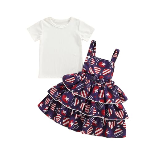 Image of Toddler Baby Girl Summer Clothes Kids Short Sleeve Solid T-Shirt Ruffle Daisy Skirts Overalls Dress Outfit 18M-6T