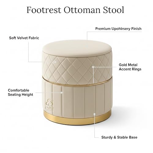 Image of Set of 2 Round Velvet Ottoman Footstool Gold Base - Tufted Upholstered Pouffe Stool for Living Room, Bedroom & Dressing Area (Cream)