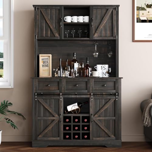 Farmhouse Coffee Bar Cabinet with Wine Rack, 72 "Tall Kitchen Storage Cabinet with 3 Drawers, 9-Bottle Wine Holder, 6 Hooks, Sliding Barn Doors and Adjustable Shelves, for Dining Room, Rustic Oak