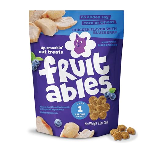 Fruitables Crunchy Low Calorie Treats Packed with Protein For Cats Healthy Free of Wheat, Corn and Soy – Made with Real Chicken with Blueberry – 2.5 Ounces