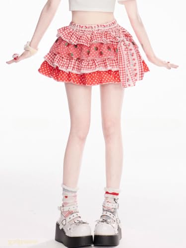 Women's Lolita Mini Skirt Sweet Y2K Floral Print with Ruffles & Bow Chiffon Pink Cake Skirt2