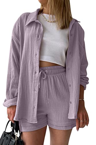 VEVESMUNDO Damen Sommer Musselin Bluse Hemd und Shorts Zweiteiler Set...