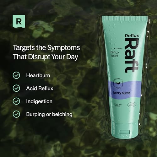 Image of RefluxRaft Acid Reflux Therapy with Organic Alginate, Pregnancy Safe, Fast & Long-Lasting GERD & LPR Support, Zero Sugar, Gluten-Free, Low Sodium, Berry Burst, 60 Gel Servings, 10 OZ Bottle