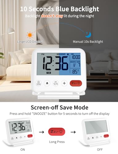 Image of NOKLEAD Digital Travel Alarm Clock - 3.23 inch LCD Display, Temperature, 9-Minute Snooze, 10s Backlight, Battery Included (White)