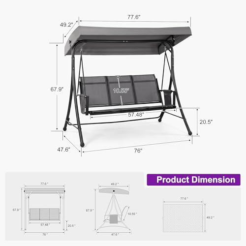 Image of PURPLE LEAF Porch Swing with Adjustable Tilt Canopy 3-Seat Patio Swing with Stand and Metal Steel Frame All-Weather Outdoor Swing Chair Seat for Backyard Garden Deck Balcony (Grey)