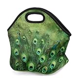 Mexpekil Lonchera de neopreno para mujeres, hombres, adultos, niños, con plumas de pavo real, aislada, bolsa de picnic portátil para el trabajo, camping
