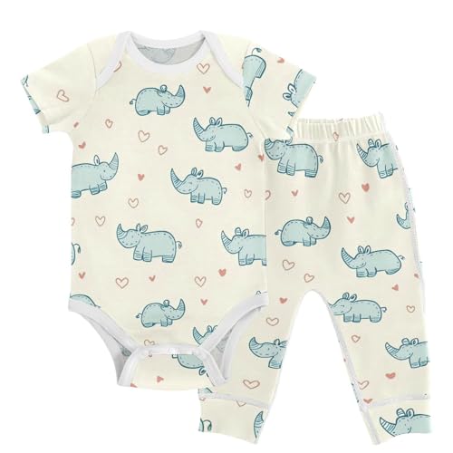 vvfelixl Cartoon Blue Rhino Stick Figure Baby Bodysuits Set,Baby Layette Sets Unisex Short Sleeve Babys Pants Sets 6-9M
