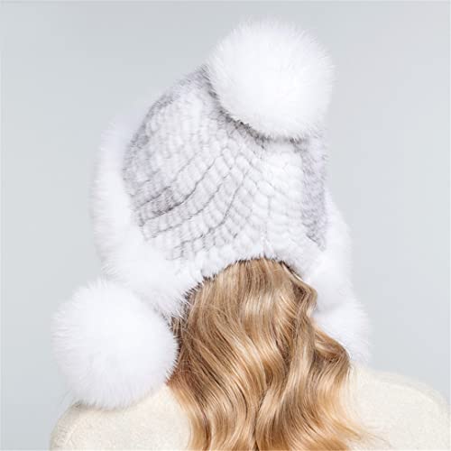 Desconocido Gorros de Piel de Invierno para Mujer, Gorros con pompón de Piel, Gorros de Piel de Punto con Forro cálido