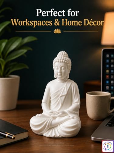 Image of White Buddha Idol 5 Inch | Peaceful Sitting Buddha Statue for Home Decor & Office | Premium Polyresin | Meditation Room, Office Table, Hall Showcase & Festive Gifting