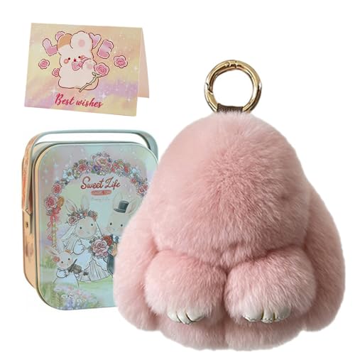 WOAINIMM Fluffy Bunny Keychain Soft Plush Bunnies Keychain with Tin Box Cute Pink Bunny Stuffed Animal for Girls Backpack Bag Charm