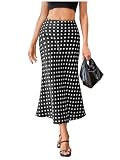MakeMeChic Women's Polka Dots Midi Skirt Satin Silk Summer Flowy Pencil Long Skirts Black Medium