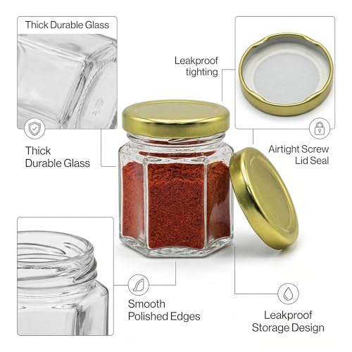 Image of Cute Hexagonal 50 grams Airtight Glass Jar Containers for Honey, Spices & other Kitchen Items with Rust Proof Golden Color Caps -Set of 06