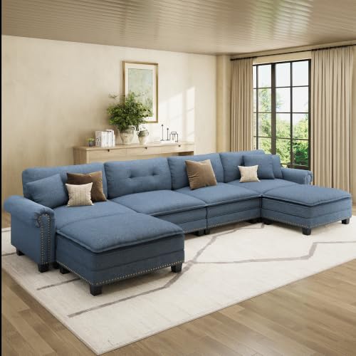 Image of HERA'S HOUSE 150 inch Oversized U Shaped Modular Sectional Couch Living Room | Mid-Century Modern 6-Seater Cloud Sofa, Blue, Rolled Arms & Nailhead Trim, Wider & Deeper Seats, Ottoman, Linen