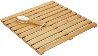 mDesign Wooden Shower Mat  Bamboo and Plastic Bath Mat for Shower, Spa and Sauna  Anti-Slip Natural Shower Mat  Natural Bamboo