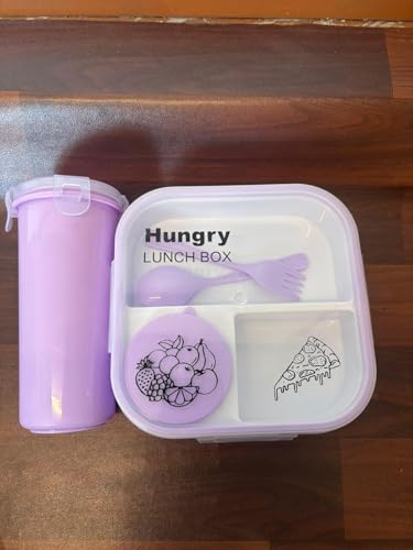 Image of Plastic Lunch Box with Transparent Lid & Bottle, 3 Compartment Leak Proof Lunch Box Set with Spoon, Fork & Sauce Cup for Office, School & Travel