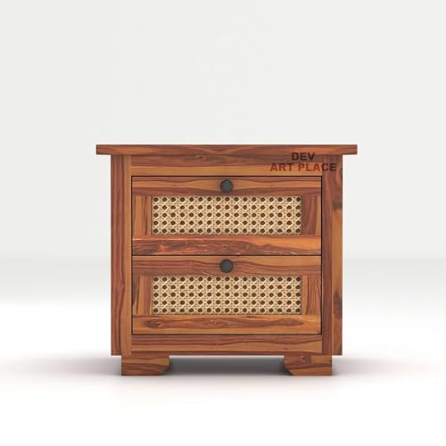 Image of Solid Sheesham Wood Bedside Table for Bedroom | Handmade Pure Wooden Bed Side Nightstand End Table with 2 Drawers Storage for Home & Bed Room | Rosewood, Honey Finish