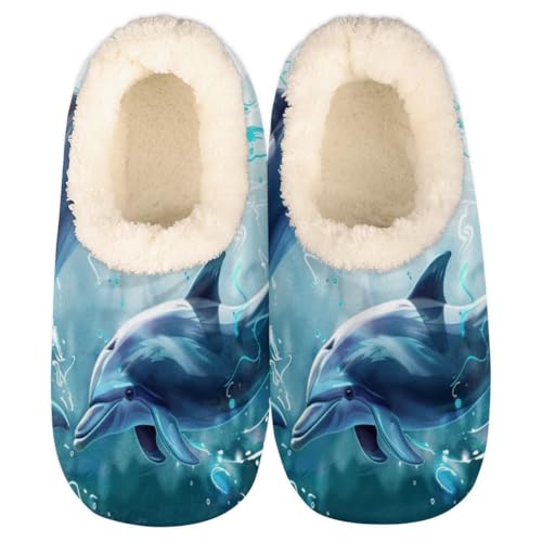 Ocean Dolphin House Slippers for Women Men, Sea Animal Dolphin Fuzzy Soft Cozy Non Slip Slipper Socks
