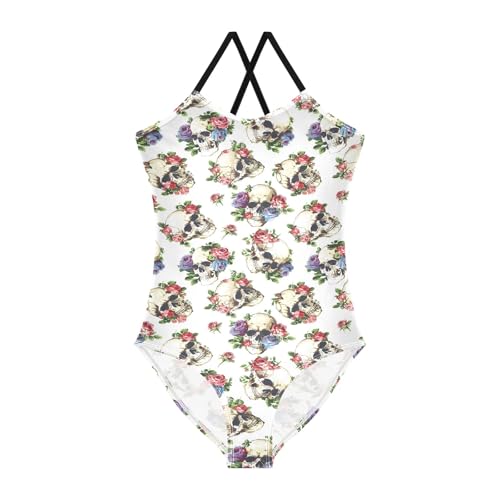 senya Girls Swimsuits One-Piece Swimwear Tie Bathing Suit Beach Summer Round Neck 9-10T Skulls with Roses Pattern